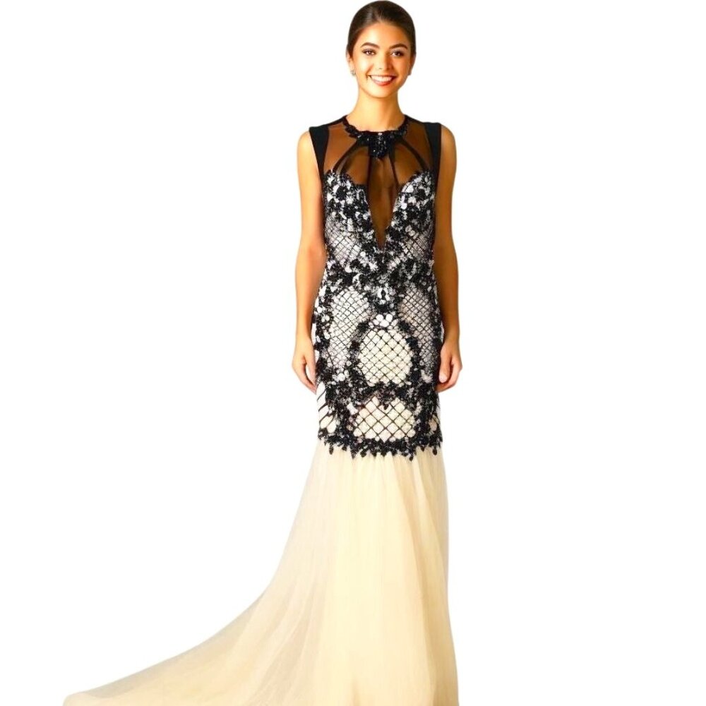 Jolene Mermaid Chiffon Beaded Rhinestone Prom Gown Black Ivory Pageant Size M